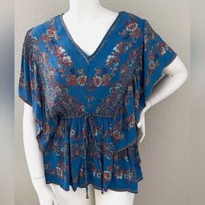 ARULA Blue Orange Ruffled Tie Front Blouse